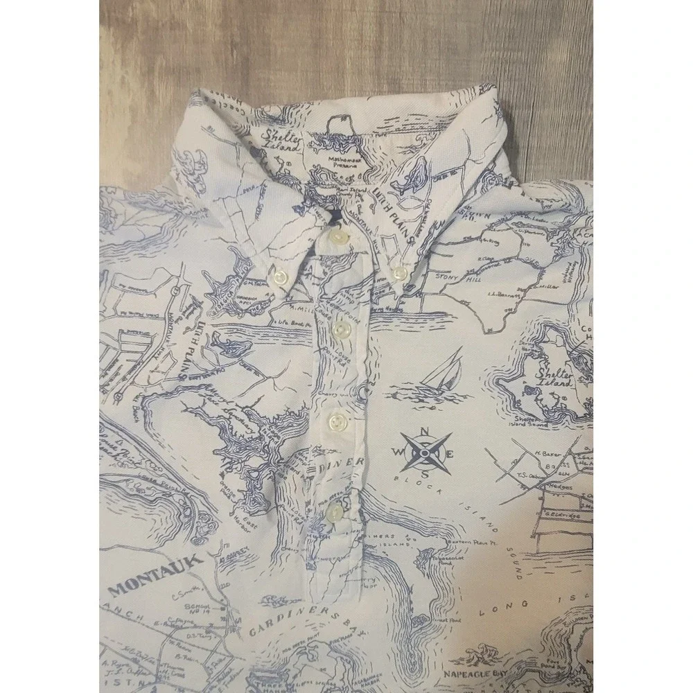 Ralph Lauren Mens Knit Oxford Polo Shirt Large Montauk Long Island Map Print